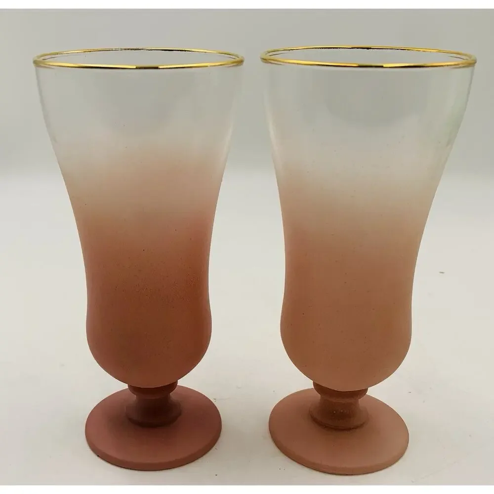 Vintage MCM Blendo Frosted Parfait Glasses Set of 8 Pastel Rainbow Gold Rim Foot